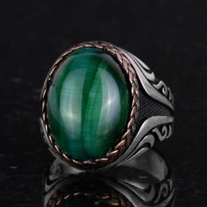 925 Ayar Gümüş Yüzük - Yapay Taşlı Gümüş Yüzük - El Yapımı Yüzük (Yapay Koyu Yeşil Kedigözü) - Görsel 6