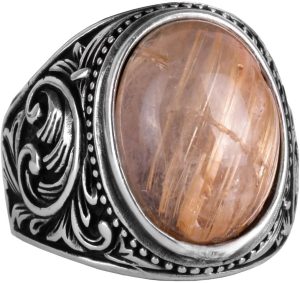 925 Ayar Katı Gümüş Erkek Yüzük, Gerçek Doğal Cabochon Altın Rutilat Kuvars Taşı Yüzük, Tasarım Gümüş Erkek Yüzük - Görsel 1
