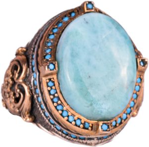925 Ayar Gümüş Yüzük, Doğal Larimar Taşı ile El Yapımı Vintage Erkek Beyan Yüzüğü
