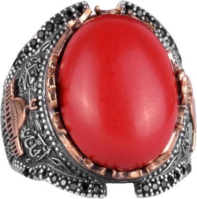 Kırmızı Mercan Yapay Taş Yüzük, İslami Camii Gümüş Yüzük, 925 Ayar Gümüş Yapay Taş Yüzükler - Çeşitli & Farklı Koleksiyon - Görsel 1