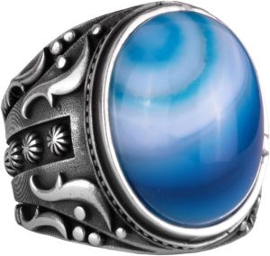 Doğal Mavi Ateş Kehribar Taşlı Yüzük, 925 Ayar Gümüş Yüzük Erkekler İçin, Tasarım Gümüş Erkek Yüzüğü