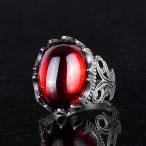 Cabochon Granat Yapay Taş Yüzük, 925 Ayar Gümüş Yüzük Erkekler İçin, Çeşitli Koleksiyon - Görsel 4