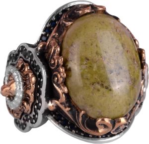 Doğal Unakite Taş Yüzük, Aslan Başı Erkek Yüzüğü - 925K Katı Gümüş Erkek Yüzüğü - Sanatsal Tasarım