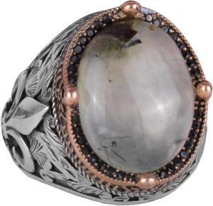 925 Ayar Gümüş El Yapımı Erkek Yüzük - Çeşitli Doğal Taşlarla Mevcut (Prehnit) - Görsel 1