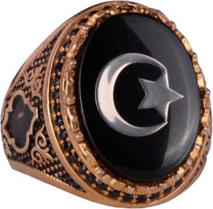 925 Ayar Gümüş Altın Kaplama Erkek Yüzük - Hilal ve Yıldız Tasarımı (Siyah)