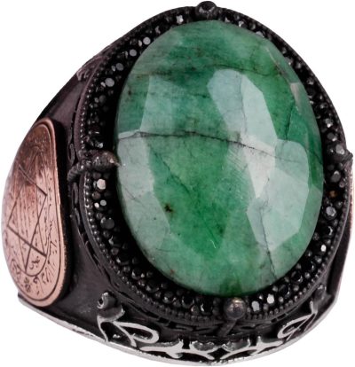 İslami Gümüş Yüzük, Doğal Zümrüt Taşlı Yüzük - 925 Ayar Sert Gümüş Yüzük Erkekler İçin - Görsel 1