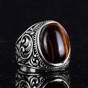 925K Katı Gümüş Erkek Yüzük, El Yapımı Kaplan Göz Taşı Yüzük - Cesur Tasarım - Görsel 6