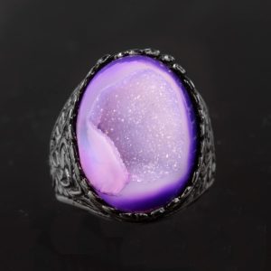 Gerçek Doğal Druzy Kristal Kuvars Taş Yüzük, Erkekler İçin Doğum Taşı Yüzüğü, Gümüş Yüzük - Görsel 3