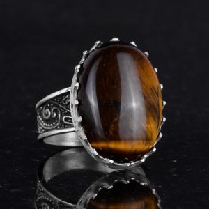 Gerçek Doğal Taş Yüzük - 925 Ayar Gümüş Büyük Yüzük - El Yapımı (Kaplan Gözü) - Görsel 5