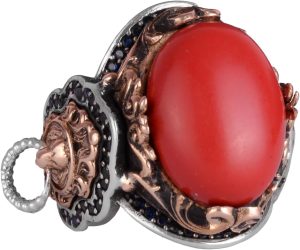 Kırmızı Mercan Taşı Yüzük, 925 Ayar Gümüş Erkek Yüzüğü, Aslan Sembolü Yüzüğü, Hayvan Gümüş Yüzüğü - Görsel 1