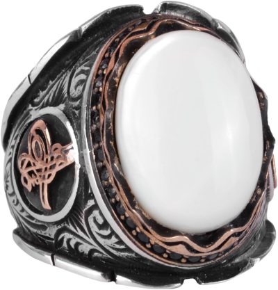 Osmanlı Tuğra Cabochon İnci Taş Yüzük, 925 Ayar Gümüş Yüzük Erkekler İçin, Farklı Yüzük - Görsel 1