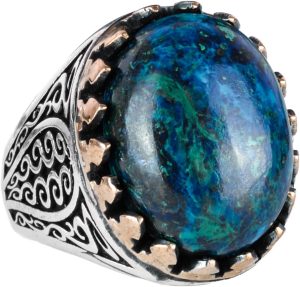 925 Ayar Katı Gümüş Erkek Yüzük Doğal Taşlarla - El Yapımı Zarafet (Azurit Taşı)