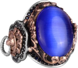 Mavi Kedi Gözlü Taş Yüzük, Aslan Sembolü Erkek Yüzüğü, 925 Ayar Gümüş Tasarım Erkek Yüzüğü - Görsel 1