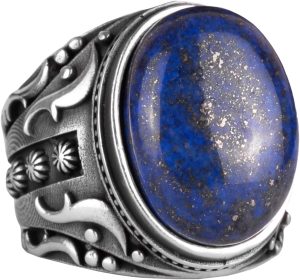 925 Ayar Katı Gümüş Erkek Yüzük, Doğal Lapis Lazuli Taş Yüzük, Bilgelik ve Gerçek Tasarımı - Görsel 1