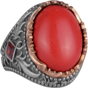 Yapay Taş Yüzük - El Yapımı Erkek Yüzüğü - Şık 925 Ayar Gümüş Erkek Takısı (Yapay Mercan) - Görsel 1