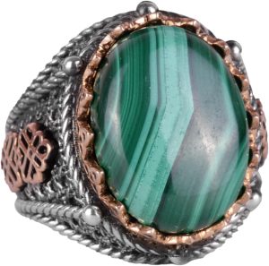 925 Ayar Katı Gümüş Erkek Yüzük, Doğal Malakit Taşlı Yüzük - Görsel 1