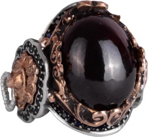 Doğal Granat Taşlı Yüzük, Hayvan Gümüş Yüzük - Derin 925K Katı Gümüş Erkek Yüzüğü