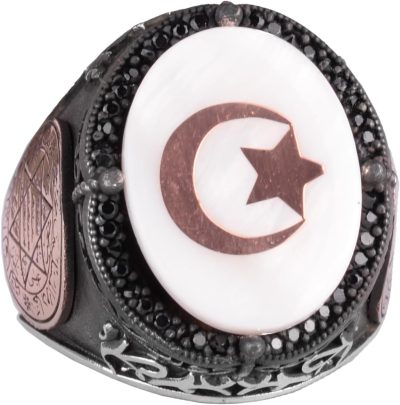 El Yapımı Desenli Yüzük - 925 Ayar Gümüş Erkek Yüzüğü - Davut Yıldızı Takısı (Yıldız ve Hilal) - Görsel 1