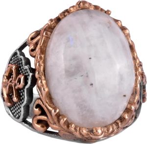 925 Ayar Saf Gümüş Erkek Yüzük, Doğal Ay Taşı Taşları - El Yapımı Tasarım, Denizci Çapa Yüzüğü