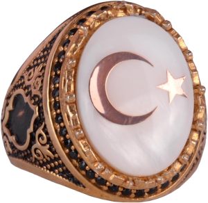 925 Ayar Gümüş Altın Kaplama Erkek Yüzük - Hilal ve Yıldız Tasarımı (Beyaz)