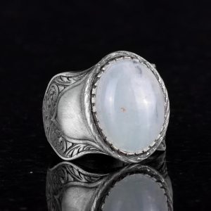 Erkekler İçin Doğal Taş Yüzük, 925 Ayar Gümüş Yüzük, Cabochon Akuamarin Yüzük - Görsel 4