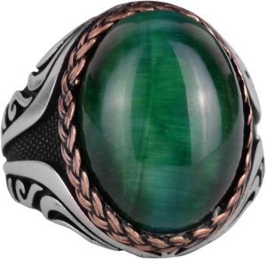 925 Ayar Gümüş Yüzük - Yapay Taşlı Gümüş Yüzük - El Yapımı Yüzük (Yapay Koyu Yeşil Kedigözü) - Görsel 1