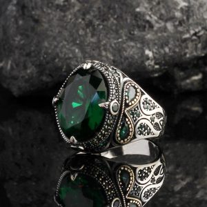 El Yapımı 925 Ayar Gümüş Erkek Yüzük, Yeşil Zirkon Taşı, Şık Bant Tasarımı, Zarif Erkek Takısı - Görsel 3
