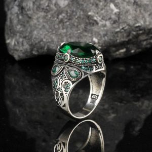 El Yapımı 925 Ayar Gümüş Erkek Yüzük, Yeşil Zirkon Taşı, Şık Bant Tasarımı, Zarif Erkek Takısı - Görsel 4