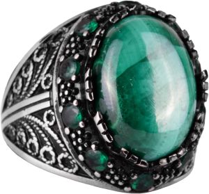Gerçek Doğal Malakit Taşı Yüzük - 925 Ayar Gümüş El Yapımı Erkek Takısı