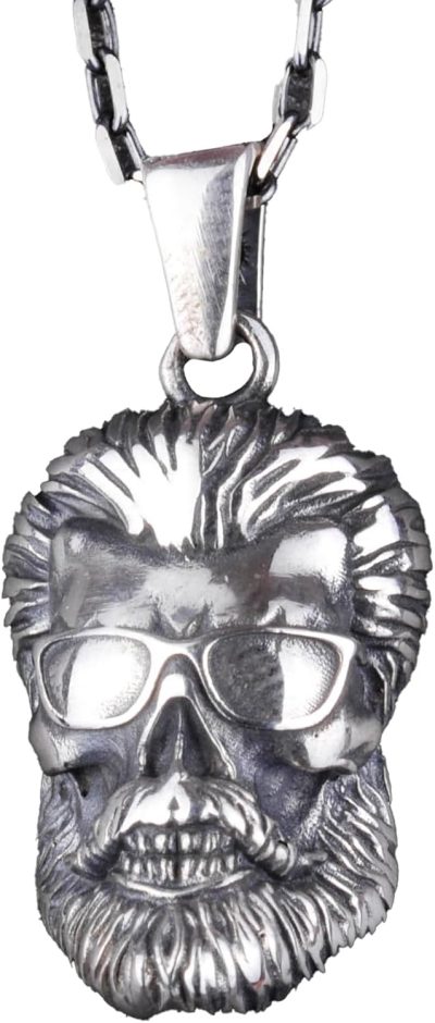 925 Ayar Gümüş Sakallı Kafatası Kolye, Gözlük Takmış El Yapımı Kafatası Pendenti, Cesur Erkek Takısı - Görsel 1