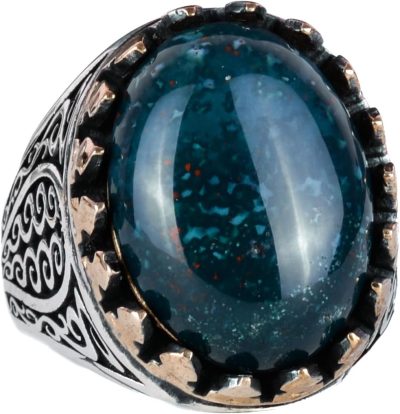 925 Ayar Katı Gümüş Erkek Yüzük - Doğal Yeşil Kan Taşı ile El Yapımı Şıklık - Görsel 1