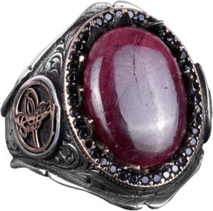 925 Ayar Katı Gümüş Erkek Yüzük - Doğal Taşlarla El Yapımı Şıklık (Cabochon Yakut Taşı)