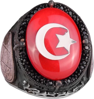 Yıldız ve Hilal Desenli Yüzük - El Yapımı Yüzük - 925 Ayar Gümüş Erkek Yüzüğü - Görsel 1