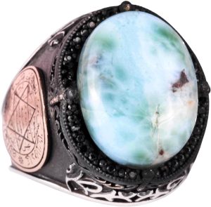 Larimar Taşlı Yüzük - Huzurlu 925 Ayar Solid Gümüş Erkek Yüzüğü - Okyanus Sakinliği Tasarımı