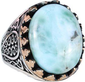 925 Ayar Katı Gümüş Erkek Yüzük - Doğal Larimar Taşı ile El Yapımı Zarafet - Görsel 1