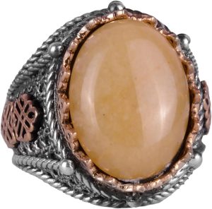 Doğal Sarı Akik Taş Yüzük, 925 Ayar Sert Gümüş Yüzük Erkekler İçin