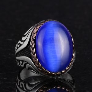 925 Ayar Gümüş Yüzük - Yapay Taş Gümüş Yüzük - El Yapımı Yüzük (Yapay Koyu Mavi Göz Taşı) - Görsel 5