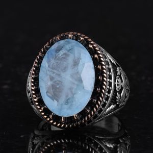 925 Ayar Gümüş Yüzük, Yapay Taş Yüzük, Kartal Sembolü Yüzük, El Yapımı Yüzük (Yapay açık mavi paraiba) - Görsel 5
