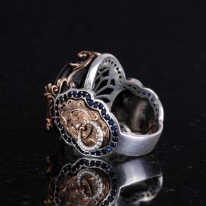 925 Ayar Gümüş Erkek Yüzük - Siyah Kedi Gözü Yapay Taş - Aslan Sembolü El Yapımı Yüzük - Görsel 7