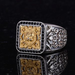 Altın Kaplama Aslan Başı Yüzük - 925 Ayar Gümüş Erkek Yüzüğü - El Yapımı Özel Yüzük - Görsel 6