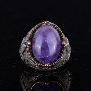 925 Ayar Gümüş El Yapımı Erkek Yüzük - Farklı Doğal Taşlarla Mevcuttur (Ametist) - Görsel 2