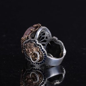 El Yapımı Gerçek Doğal Rodonit Taşı Yüzük, 925 Ayar Sert Gümüş Yüzük, Aslan Başı Erkek Yüzüğü - Görsel 7