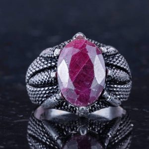 Doğal Kırmızı Yakut Taşlı Sterlin Gümüş Pençe Yüzük - Görsel 4