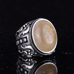 Doğal Cabochon Altın Rutilatlı Kuvars Taşlı Yüzük, Tasarım Gümüş Erkek Yüzüğü, 925 Ayar Sert Gümüş Erkek Yüzüğü - Görsel 5