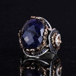 925 Ayar Gümüş Erkek Yüzük - Safir Taş - Aslan Sembolü El Yapımı Yüzük - Görsel 6