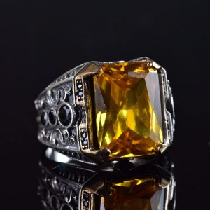 925 Ayar Gümüş Doğal Citrine Taşlı Erkek Gümüş Yüzük, Citrine Taşlı Erkek Yüzüğü, El Yapımı Oymalı Erkek Gümüş Yüzük, Türk Gümüş Yüzüğü, Sarı - Görsel 5