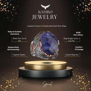 Kaaba Gümüş Yüzük, Doğal Sodalit Taşlı Yüzük Erkekler İçin, 925 Ayar Gümüş Yüzük - Görsel 2