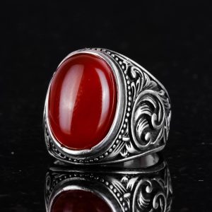 Doğal Kırmızı Akik Taş Yüzük - 925 Ayar Gerçek Gümüş Yüzük Erkekler İçin - Görsel 4