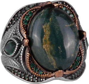 Gerçek Taş Kan Taşı Yüzük - 925 Ayar Gümüş Erkek Yüzüğü - El Yapımı Doğal Taş Takı