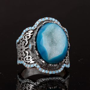 El Yapımı 925 Ayar Gümüş Erkek Yüzük - Doğal Taşlı (Drusy Kuvars) - Görsel 4